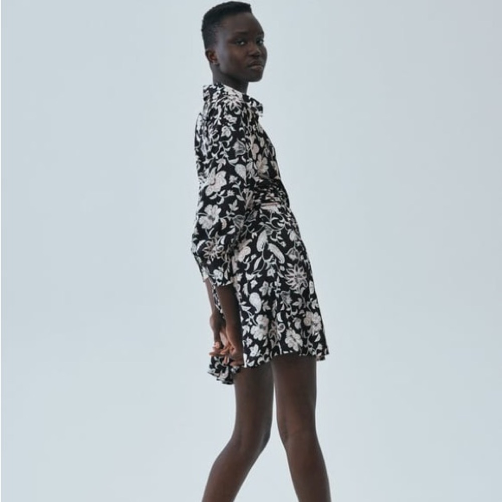 Zara NWT Sz Small Floral Black & White 3/4 Sleeve
Shirt Dress with Blue Accents